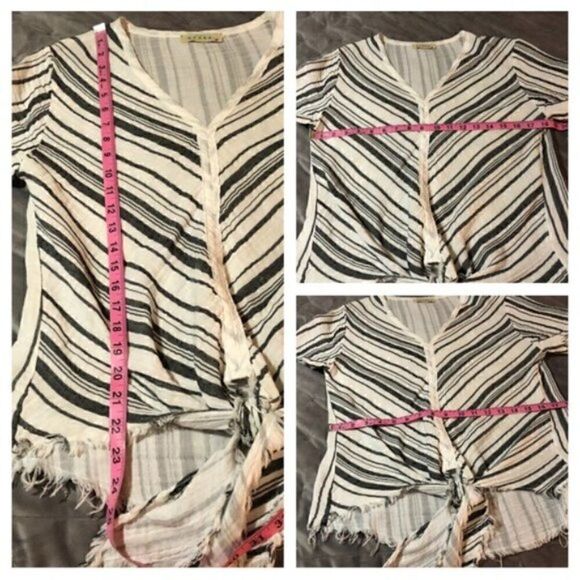 STARKx Short Sleeve Cotton Tie Knot Gauze Top V-Neck Stripe White Grey S - Picture 10 of 10